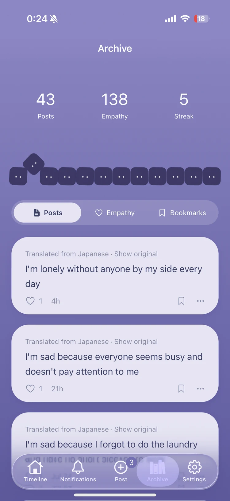 Nulvo archive screen. Your post count, empathy count and your past posts